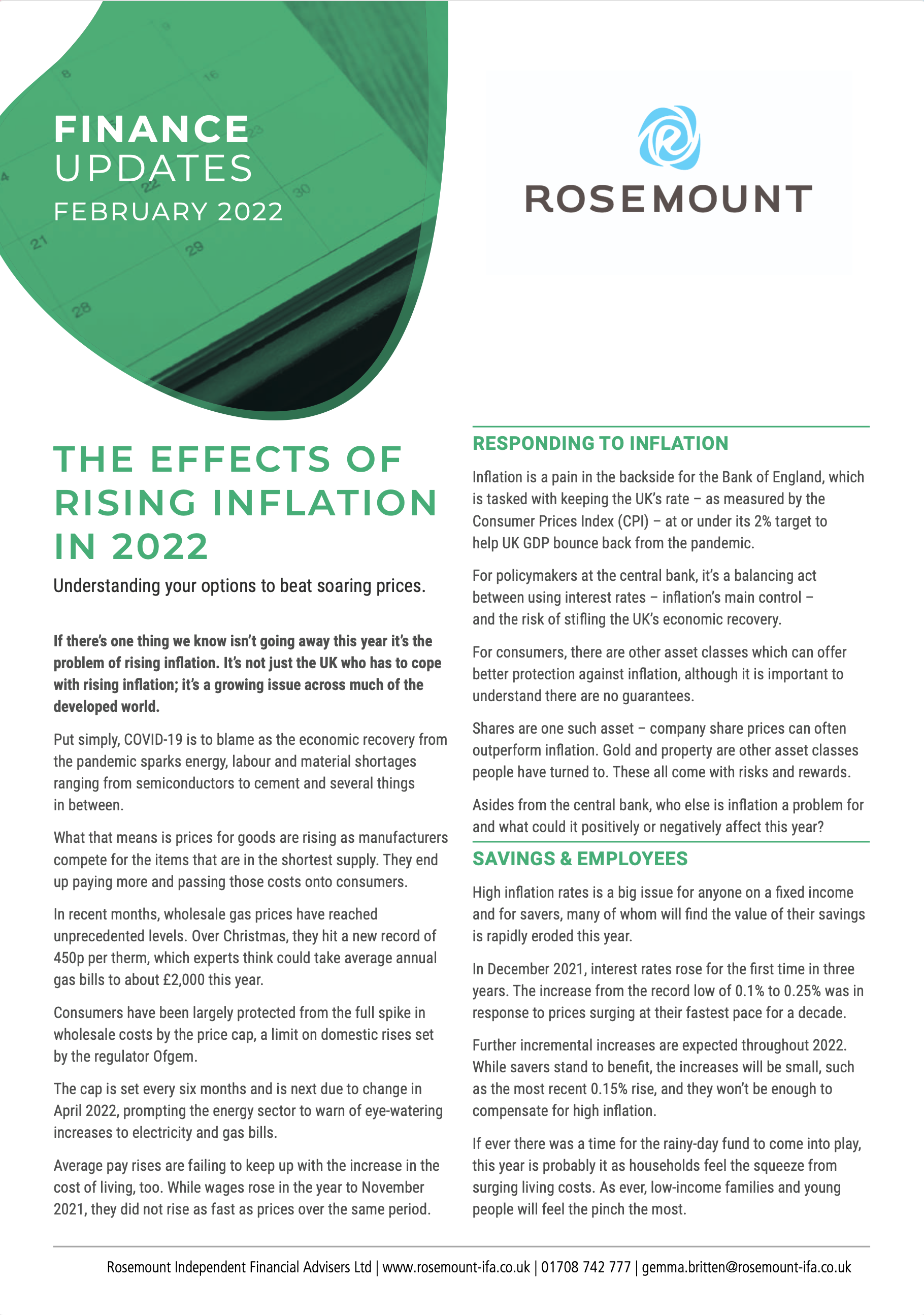Rosemount finance update February front cover